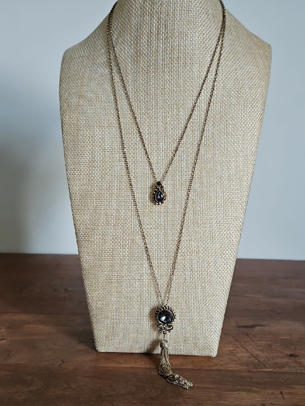 Gold-Tone Double Layer Pendant Necklace with Dark Grey Stones